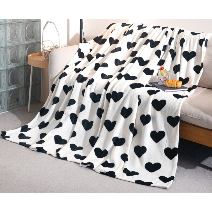 Patura Cocolino CHIRASO, Moale, Colorata, Inimioare alb-negru, 200x230cm