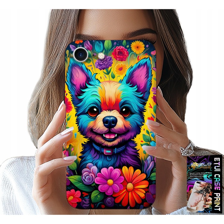 Telefontok, World Case, virágos kutya mintás, szilikon, iPhone SE/SE2-höz