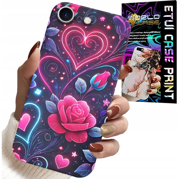 Caz pentru iPhone SE/SE2, World Case, inimă, trandafir, silicon, set cu sticlă
