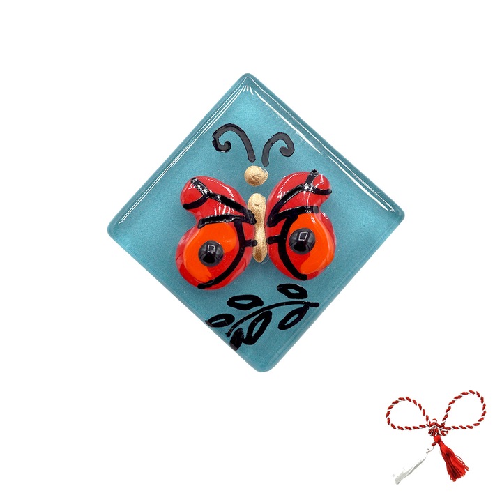 Brosă Fluture Roșu, Regalo, martisor pictat pe sticlă clară, 2,5 cm, design unic