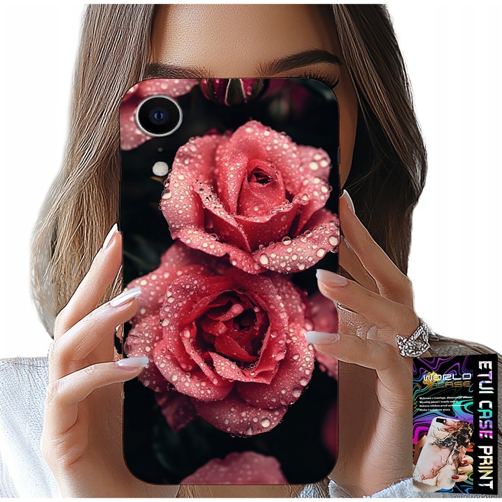 iPhone XR tok, World Case, rózsaszín rózsák, virágmintás, szilikon