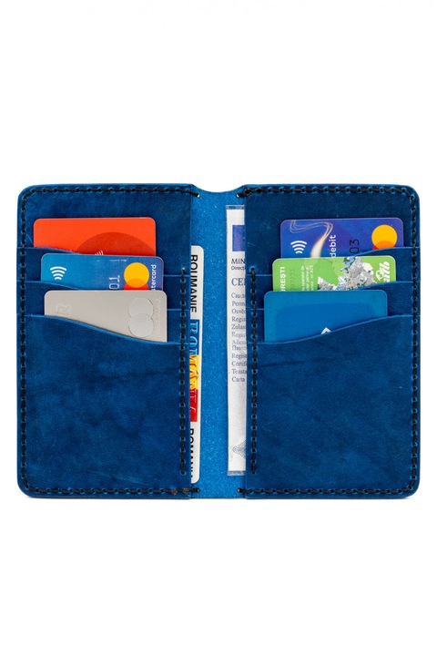 Portofel pentru talon auto, din piele naturala, cusut manual, Albastru, 14x8.5 cm