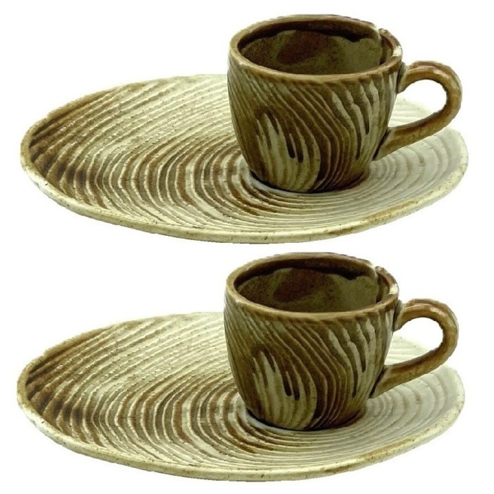 Set 2 cesti cu farfurioare ondulate Culinaro Sahara pentru cafea 100ml din portelan