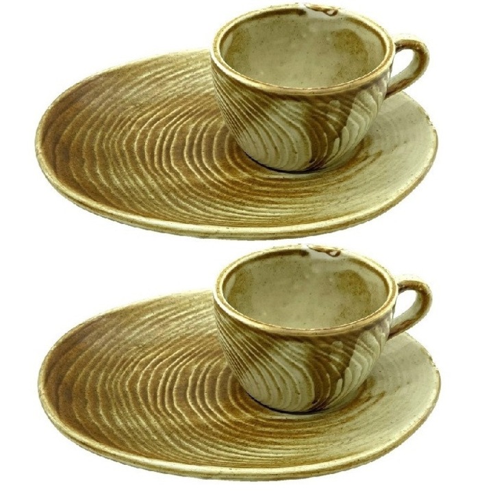 Set 2 cesti cu farfurioare ondulate Culinaro Sahara pentru cafea 200ml din portelan