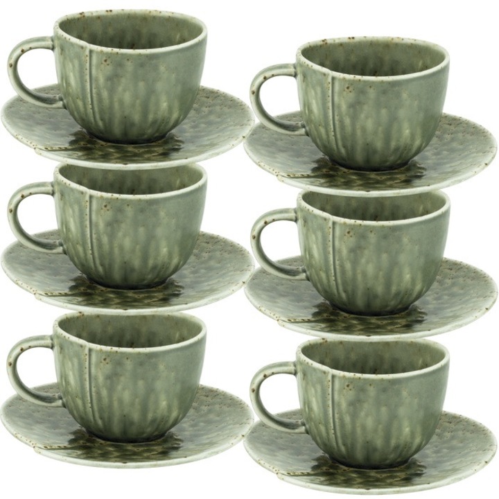 Set 6 x Cesti cu farfurie pentru cafea, din portelan, Culinaro, Verde, 90ml