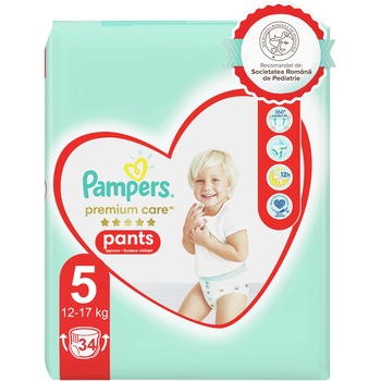 Scutece-chilotel Pampers Premium Care Pants Value Pack Marimea 5, 12-17 kg, 34 buc Scutece-chilotel Pampers Premium Care Pants Value Pack Marimea 5, 12-17 kg, 34 buc