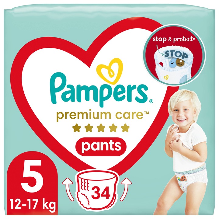 Scutece-chilotel Pampers Premium Care Pants Value Pack Marimea 5, 12-17 kg, 34 buc