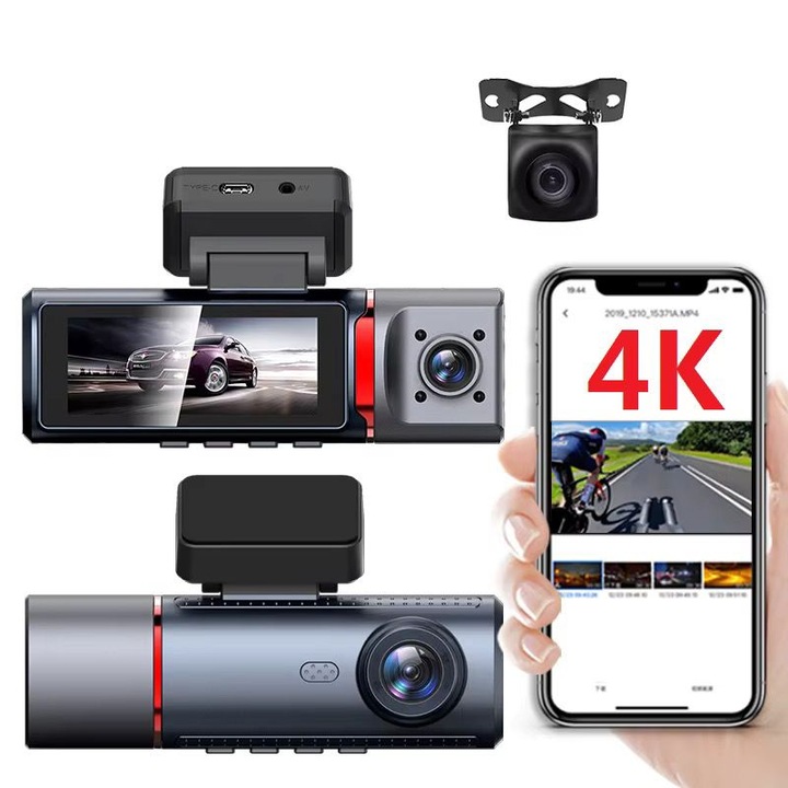 Видеорегистратор AMYMAT, с три камери DVR/ Dash Cam и вътрешни камери 3 камери 4K и 1080p с WiFi, GPS, 3,16″ IPS екран, 170° ъгъл