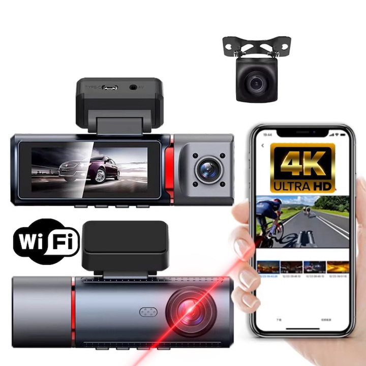 Camera video/dash cam auto TRIPLA AMYMAT Full HD DVR 4K + 1080p, WiFi, GPS Vedere nocturna, camera marsarier G-senzor, ecran IPS 3,16", unghi 170, monitorizare parcare, set complet