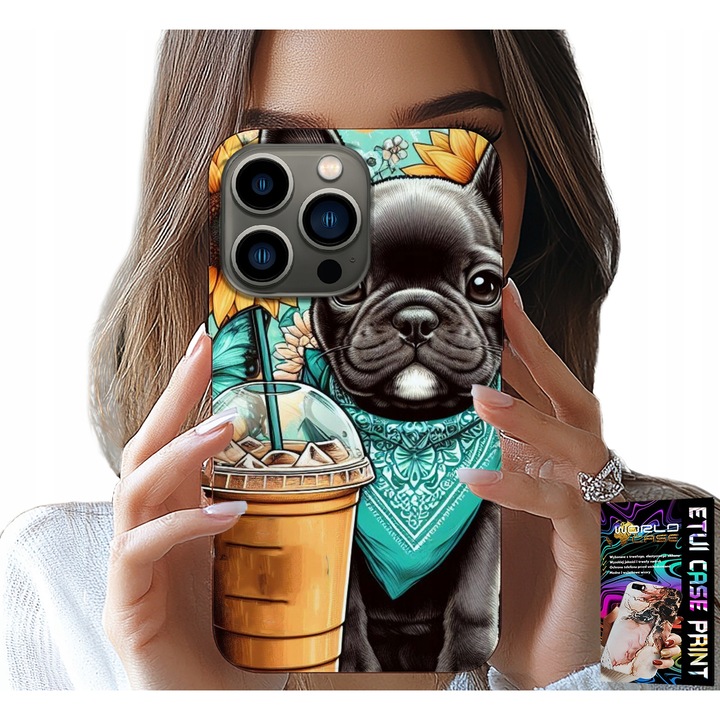 Tok iPhone 14 Pro Max-hoz, World Case, Bulldog Coffi Szerelem, Napraforgó, Szilikon