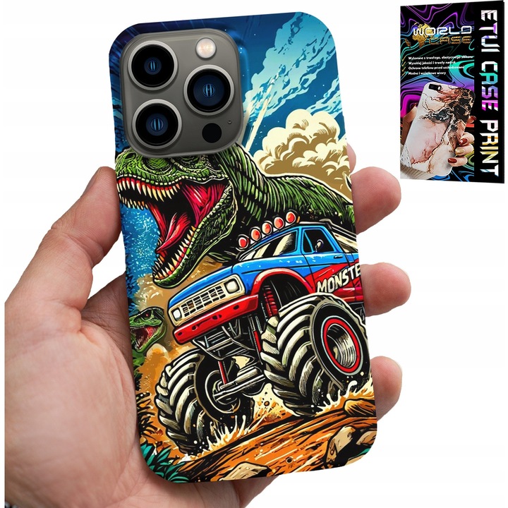 Tok iPhone 14 Pro-hoz, World Case, dinoszaurusz monster truckban, szilikon, többszínű