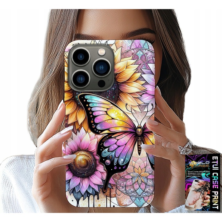 Husa iPhone 14 Pro, World Case, napraforgó pillangóval, tok + fólia szett, szilikon