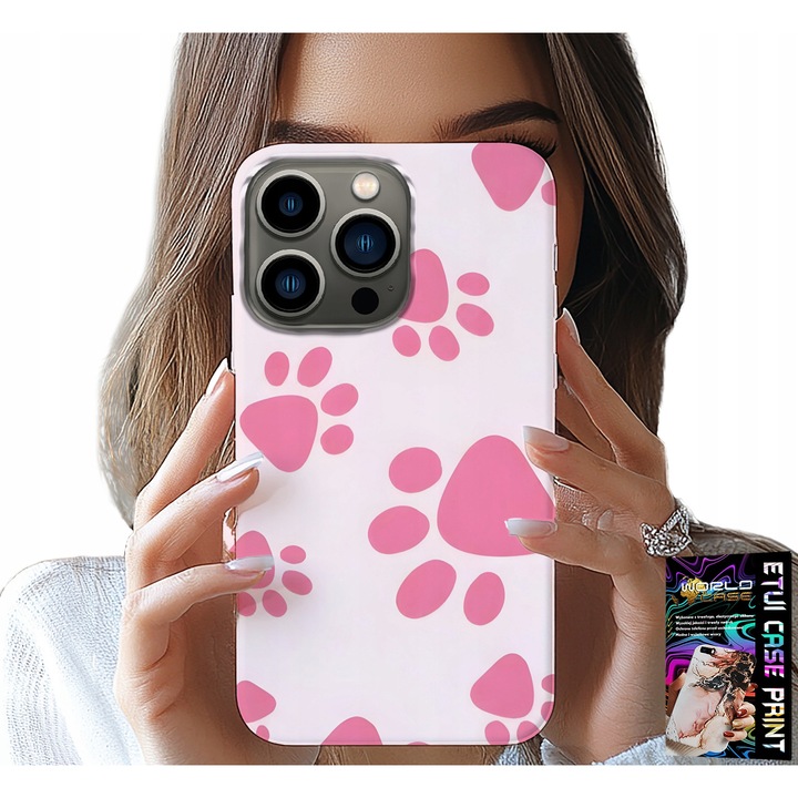 Caz pentru iPhone 15 Pro Max, World Case, silicon, imprimeu labe de câine roz, dimensiune perfectă