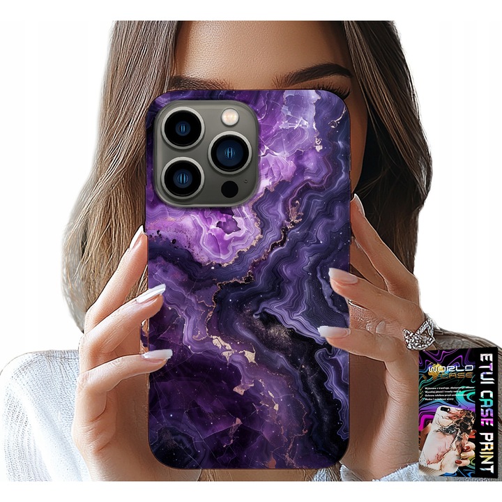 Carcasa pentru iPhone 15 Pro Max, World Case, design marmorat violet, silicon, set cu sticlă