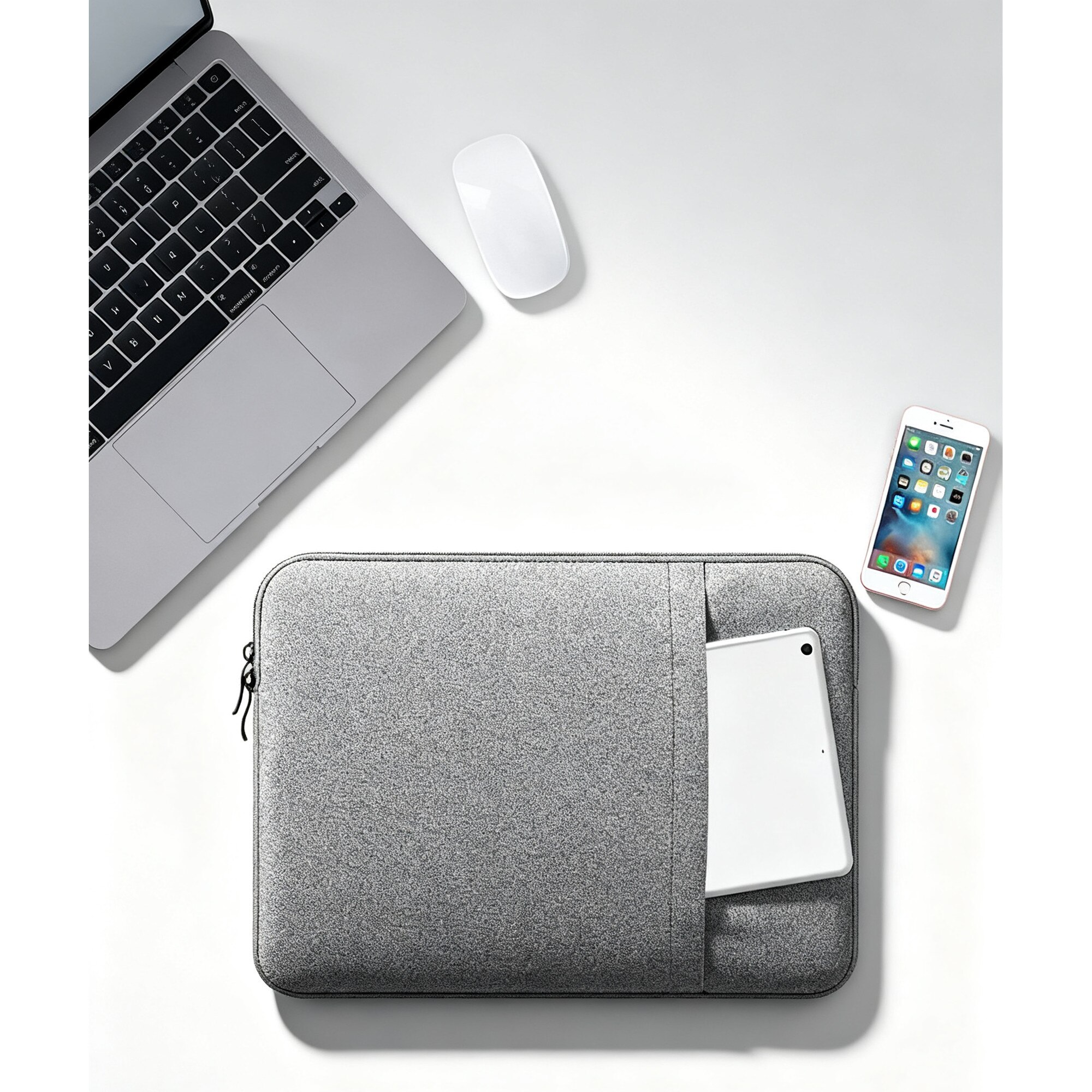 Geanta laptop universala 15.6 inch, husa pentru computer portabil, impermeabila, cu protectie impotriva socurilor si buzunar lateral pentru accesorii, gri, 40 x 30 cm