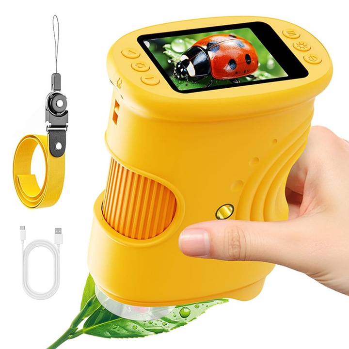 Microscop Digital Portabil pentru Copii, Rqiurpn, 1000x, Ecran IPS 2 inch, Camera HD, 8 lumini LED ajustabile, Compatibil PC, Cablu USB si Lanyard, Plastic, Galben