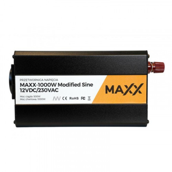 Maxx 12V/230V 1000W autó inverter, 500W folyamatos, módosított szinuszhullám, 216x107x63mm
