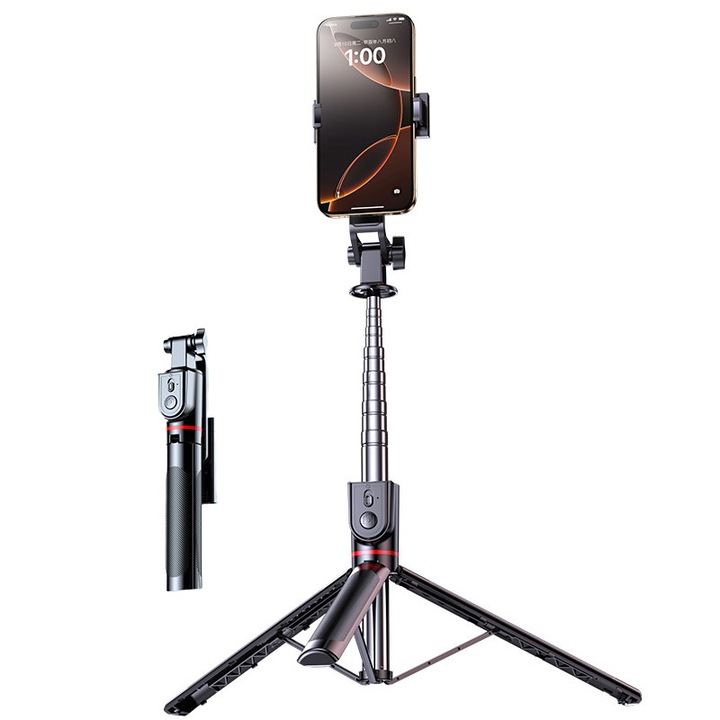 Селфи стик 2 в 1 с телескопичен статив, регулируема височина 23x130см, Bluetooth дистанционно управление, черен