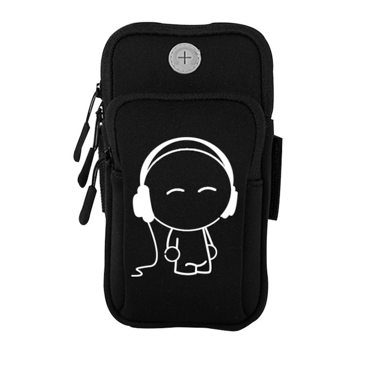 Спортен калъф за телефон, черен, за ръка, размери 16x9см, за обиколка на ръката 23-40см, екрани 5.0-6.3 инча, със светещ модел.