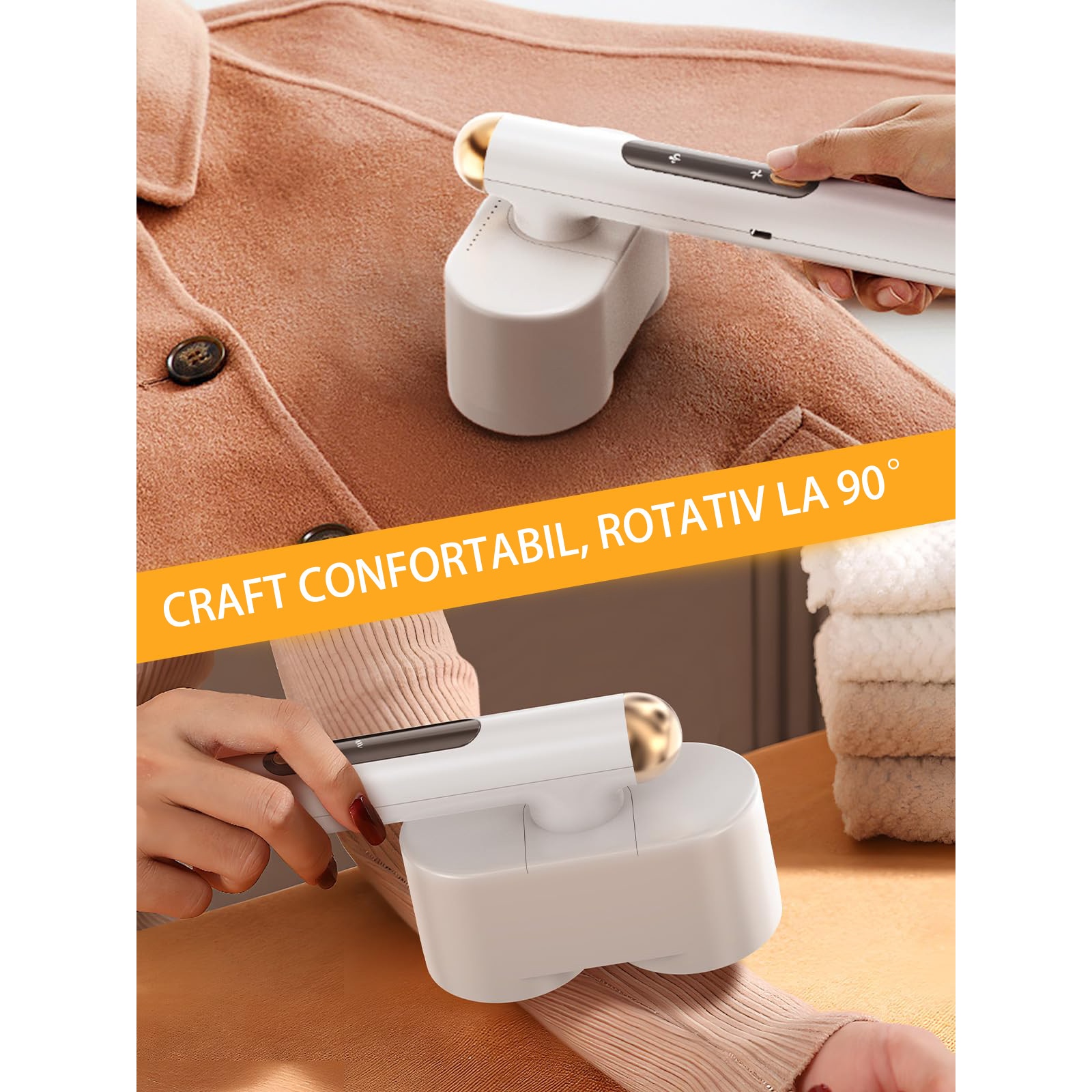 Aparat de Scame, Cap Dublu de Curatare, 4 viteze, 4 Lame Inox, 90° maner rotativ, portabil, pentru textile, Usor de Folosit, OUYLAF, alb