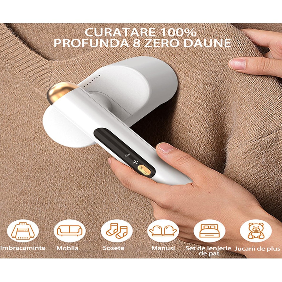 Aparat de Scame, Cap Dublu de Curatare, 4 viteze, 4 Lame Inox, 90° maner rotativ, portabil, pentru textile, Usor de Folosit, OUYLAF, alb