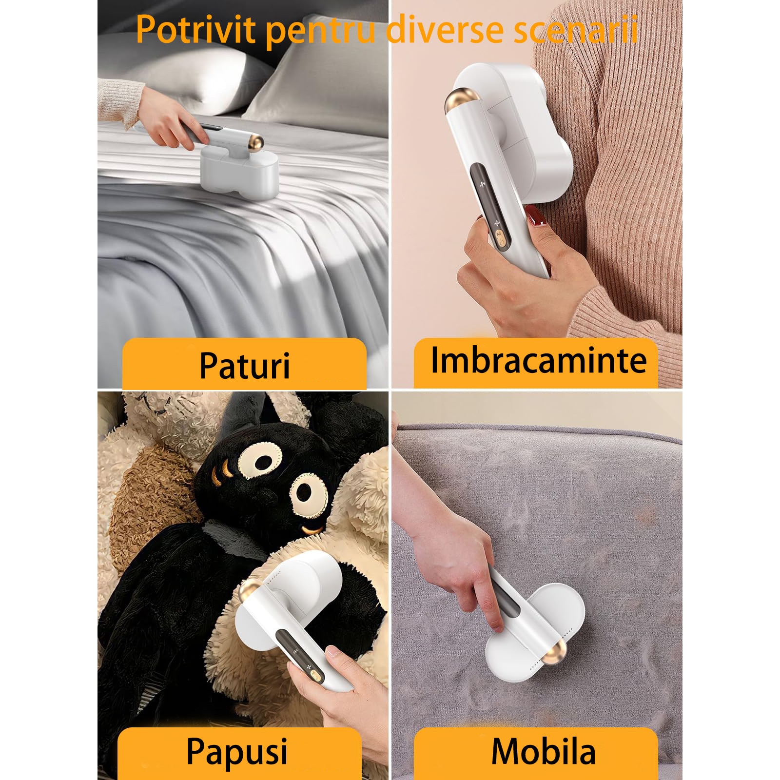 Aparat de Scame, Cap Dublu de Curatare, 4 viteze, 4 Lame Inox, 90° maner rotativ, portabil, pentru textile, Usor de Folosit, OUYLAF, alb