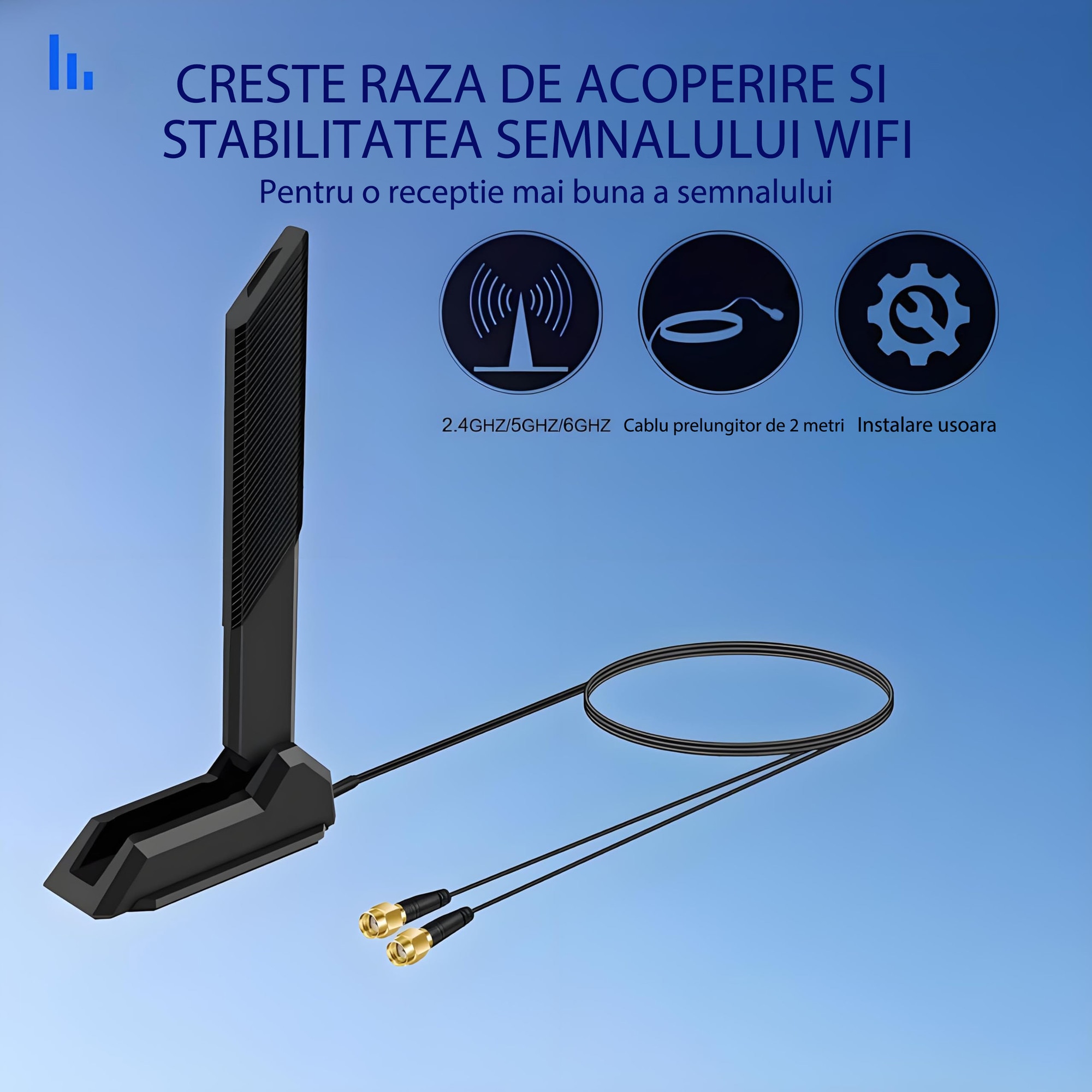 Antena universala WiFi 6E tri-band, 2.4GHz/5GHz/6GHz, 12dBi