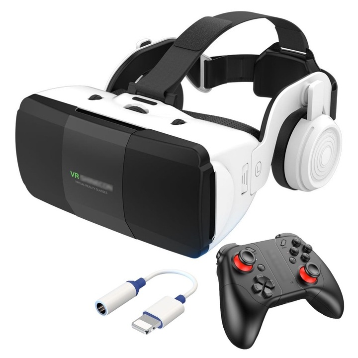 Set casti VR 3D pentru telefoane mobile, compatibil cu dispozitive iOS si Android de 4, 7-7, 8 inci. Include o casca de realitate virtuala 3D cu controler de jocuri si casti fara fir pentru a juca jocuri VR si a viziona filme 3D