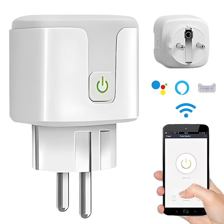 Priza inteligenta Smart WiFi Tuya, COSMI,1 bucata, aplicatia, temporizator,16A putere mare, control si programare de la distanta prin aplicatie, control vocal, compatibila cu Amazon Alexa/Google Home, pentru birou acasa si casa inteligenta, alba