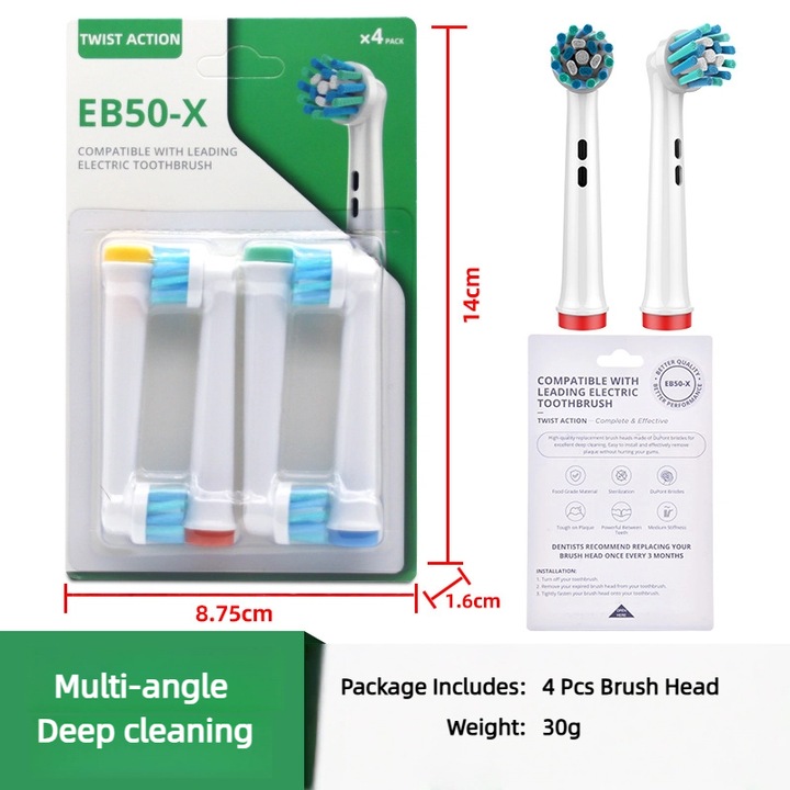 Capete de schimb pentru periute de dinti electrice, pachet de 4 – Compatibile universal cu majoritatea periutelor Oral-B, perii pentru curatare profunda multi-unghi