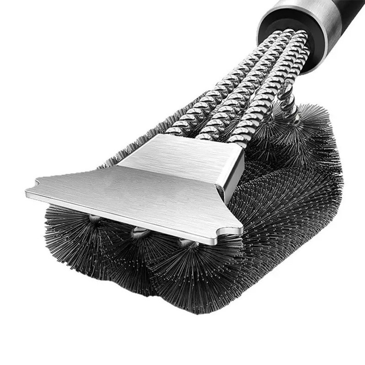 Perie gratar 3 in 1, otel inoxidabil, maner antiderapant, 3 capete rotative, 35x7cm