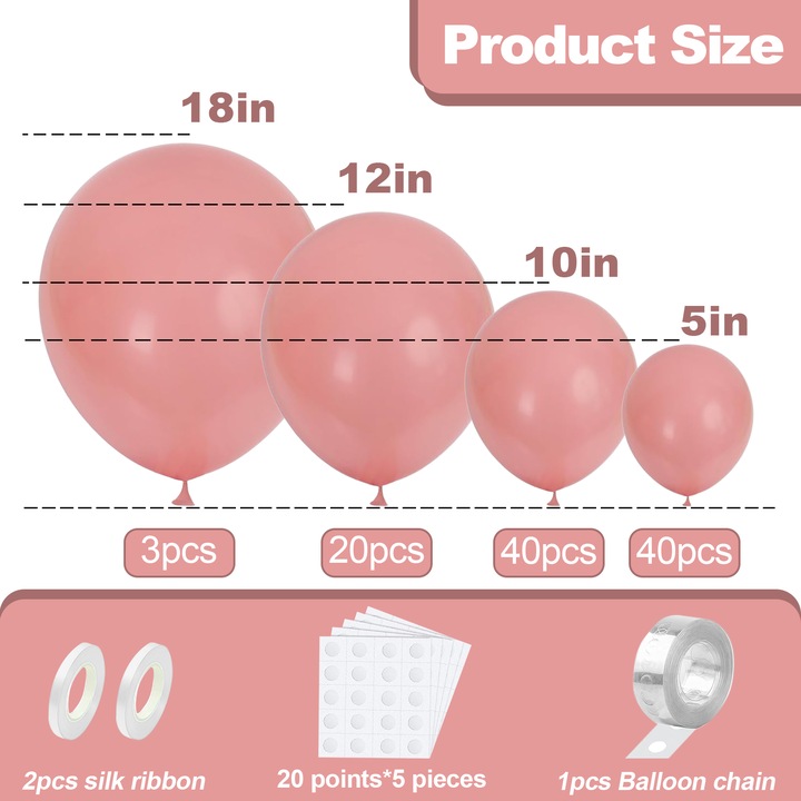 Комплект от 103 ретро розови балона, висококачествени балони, 18, 12, 10, 5 инча, комплект арка от балони, подходящ за детски партита, декорации за рождени дни и др., ретро розови
