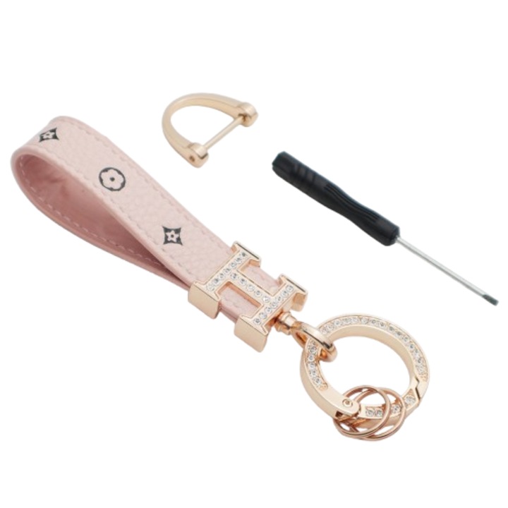 Női autós kulcstartó strasszokkal, nyomtatott bőr, rugós gyűrű, rózsaszín