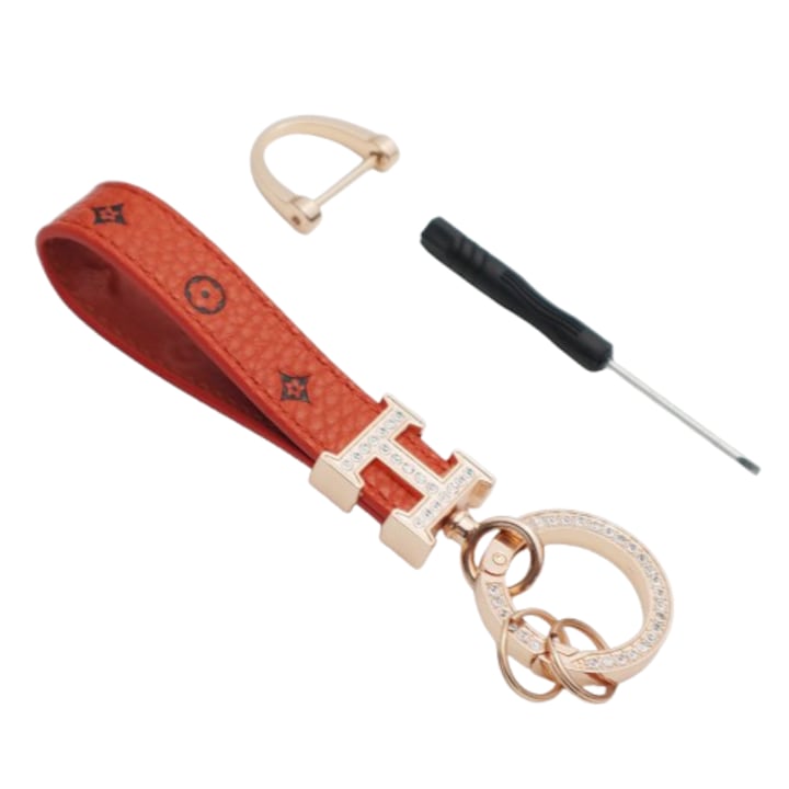 Női strasszos autós kulcstartó, nyomott bőr, rugós gyűrűvel, kulcstartó kiegészítő, narancssárga