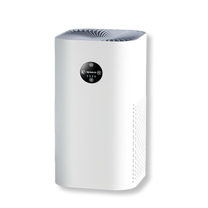 Purificator de aer premium, COSMI, cu 6 etape filtrare (inclusiv HEPA/FAQ), acoperire 128m², ionizare si mod sleep, ideal pentru alergie si familii cu copii, alb