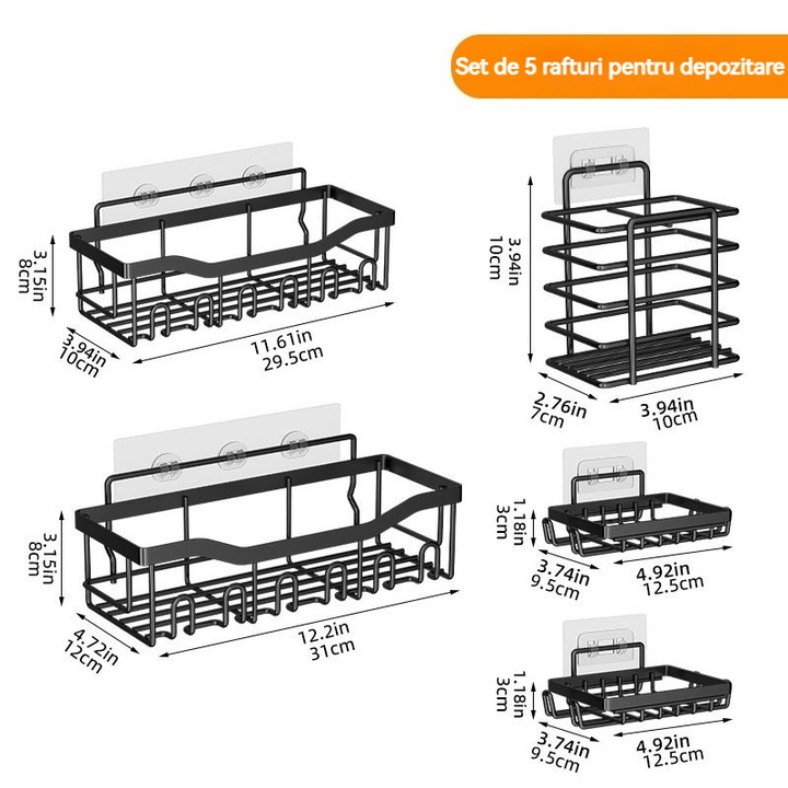 COSMI 5 részes zuhany- és konyhai polc készlet, fekete, fúrás nélküli rögzítés, 18 kg teherbírás
