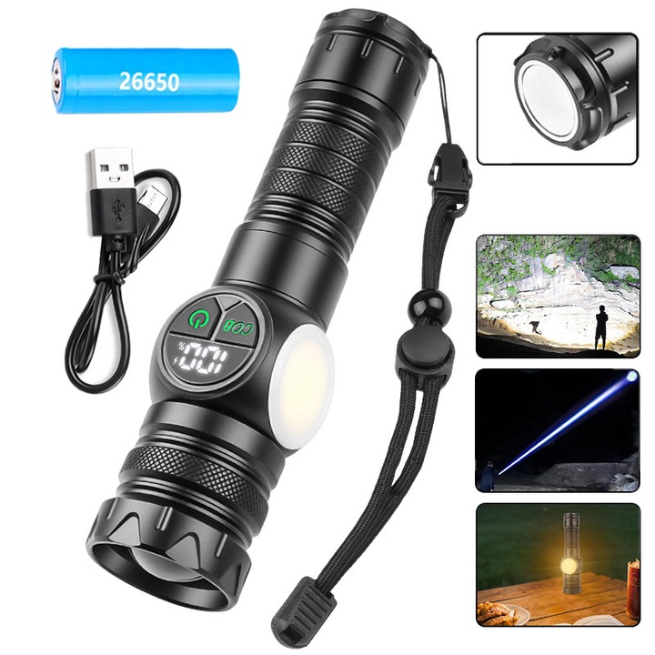 Lanterna super-luminosa LED 30W, COSMI, 1 buc, afisaj pentru baterie, 10000 de lumini, distanta de iluminare 800 de metri, baterie 26650mAh, incarcare USB, rezistenta la apa, ideala pentru camping, drumetii, pescuit nocturn si situatii de urgenta, neagra