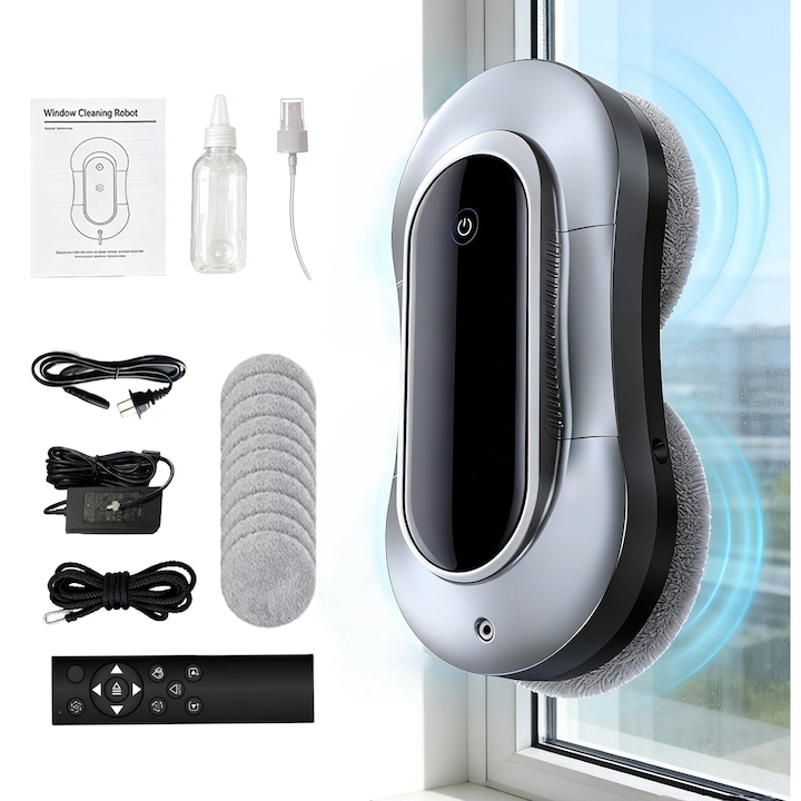 Робот за почистване на прозорци SmartWindow Robot X11, COSMI, с автоматично пръскане и интелигентен маршрут, мощни вендузи с предпазен кабел, идеален за етажни апартаменти и големи прозорци, сребристо сивосив