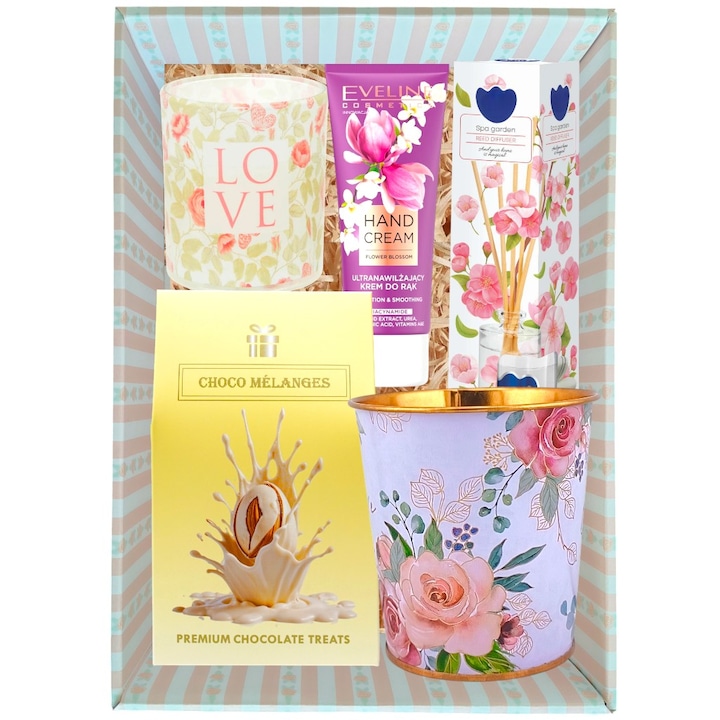 Set Cadou Dama Premium - Model Sensations, Aniversare, Zi de Nastere, 1-8 Martie, Secret Santa, Craciun - Migdale in Ciocolata Alba, Difuzor Arome, Lumanare Parfumata, Crema Hidratanta, Cutie Cadou cu Mesaj Manifest by CADOURI RAFINATE®