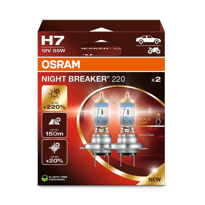 Becuri Halogen Osram Night Breaker 220, H7, 220% Mai Multa Luminozitate, Alb, Set 2 Becuri, Cutie Pliabila