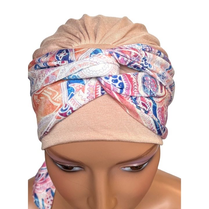 Turban dama Lena, bej, elastic, din bambus, 54-60 cm, set cu esarfa plisata