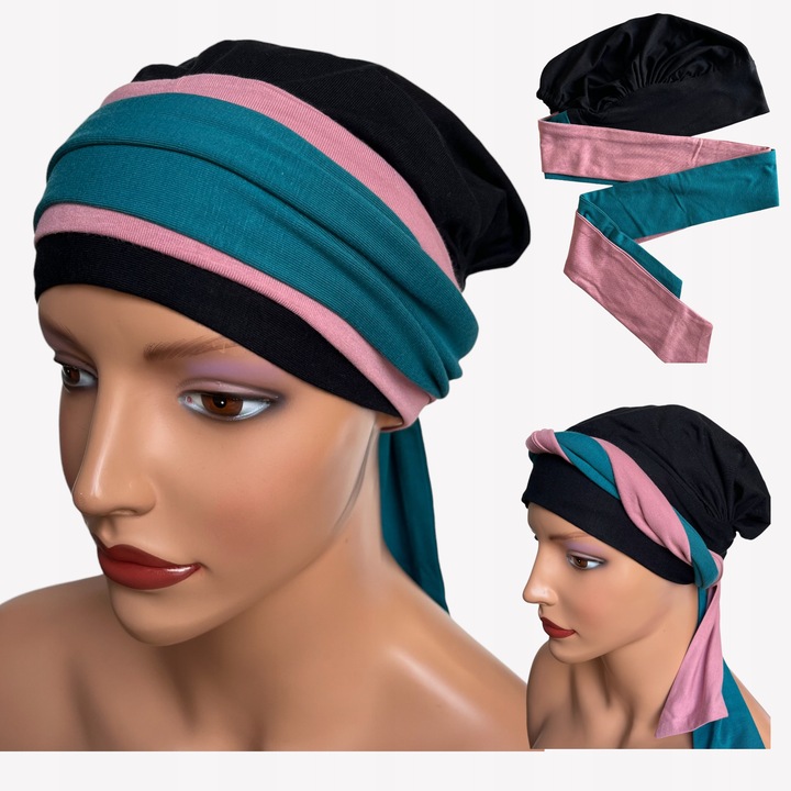 Дамски тюрбан трикольор Лара, еластичен, бамбук, черен/розов/морскосин, универсален размер