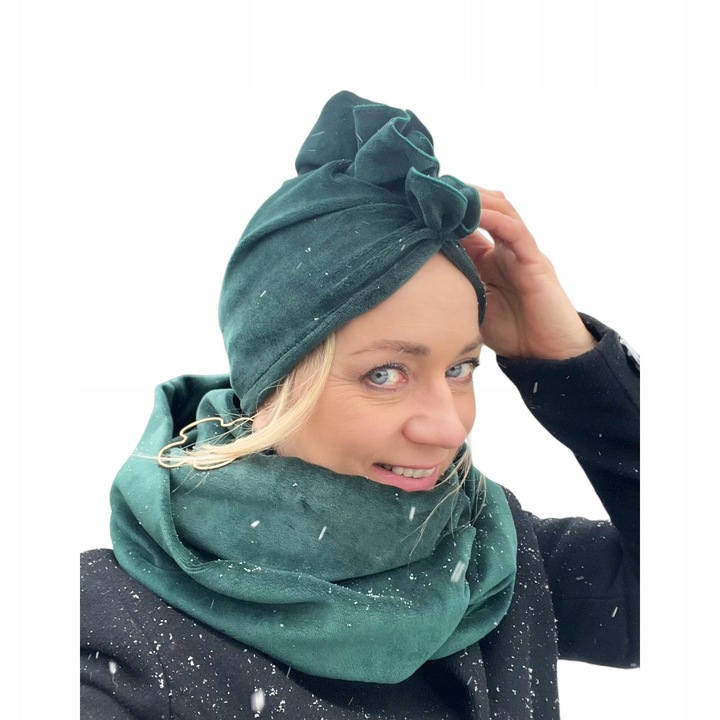 Тюрбан Люба, Eva Design, памук, 80% кадифе, стъклено зелено, универсален размер