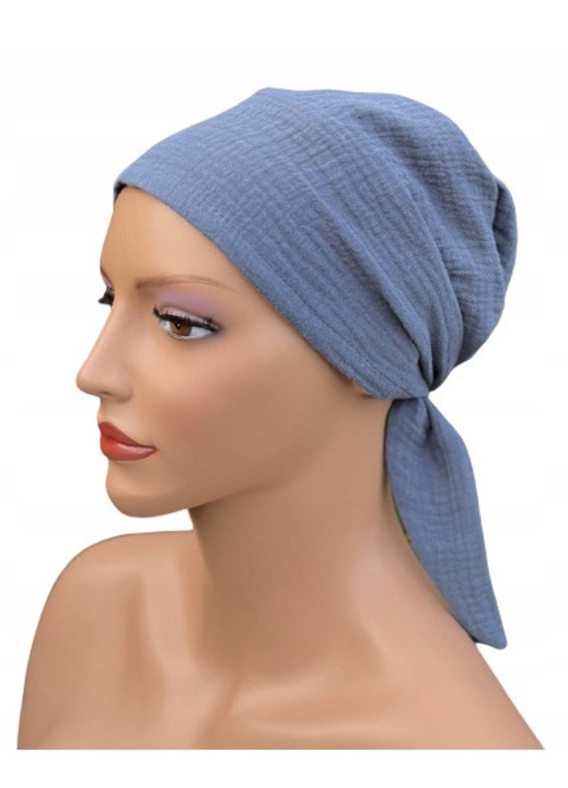 Turban dama Eva Design Aga 007, foulard de cap din muselin de bumbac 100%, gri-albastru, respirabil, ajustabil, confortabil, antialergic, ideal pentru femei dupa chimioterapie, dimensiune universala, certificat Oeko-Tex