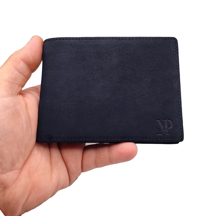 Мъжки тънък портфейл NP, тъмносин, от естествена кожа, с RFID защита, с джоб за лична карта и 10 отделения за карти