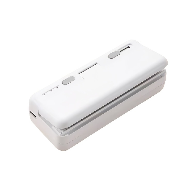 Sigilator Portabil pentru Pungi de Snacks, Incarcare USB, 1300mAh, Sigilare Termica Rapida, Cu Role si Element Incalzitor, pentru Pungi de Chipsuri, Plastics si Folie, Ideal Cadou - Alb