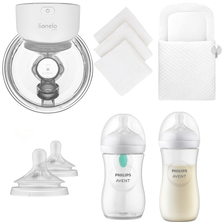 Pachet Confort Kit, Qmini, Cu pompa de san portabil, hands-free, Set 3 scutece muselina 68x68 cm, Oeko-Tex, Biberoane Philips Avent, Anticolici, 260 ml si 330 ml, Set tetine debit mediu, Paturica de infasat din catifea matlasata, Alb