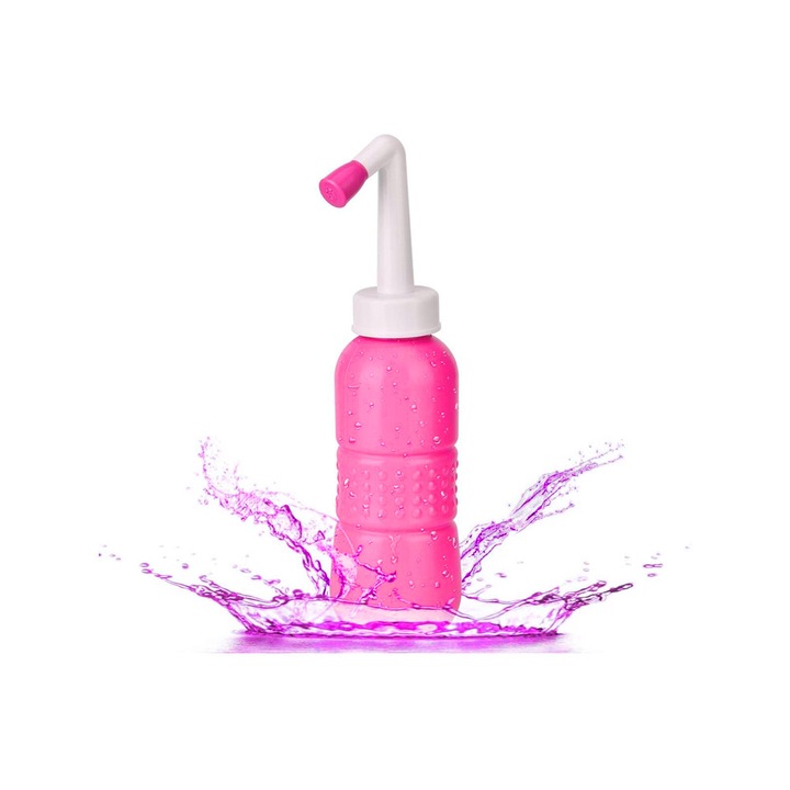 Bideu de Voiaj Ultraportabil, Comando Intimate, pentru Calatorii, Postpartum & Postoperator, Compact, Delicat, cu Capac si Husa, Capacitate 450 ML, Dimensiuni 29.5x7 cm, Roz