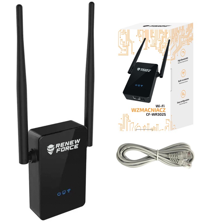 Amplificator semnal WiFi RENEW FORCE®, pana la 1200Mbps, Dual Band 2.4G/5G, 4 antene externe, Range Extender cu slot LAN, conexiune sigura WPA/WPA2, repeater compact 17×6×2, 4 cm, cu priza EU, cablu RJ-45 inclus, negru CF-WR302S
