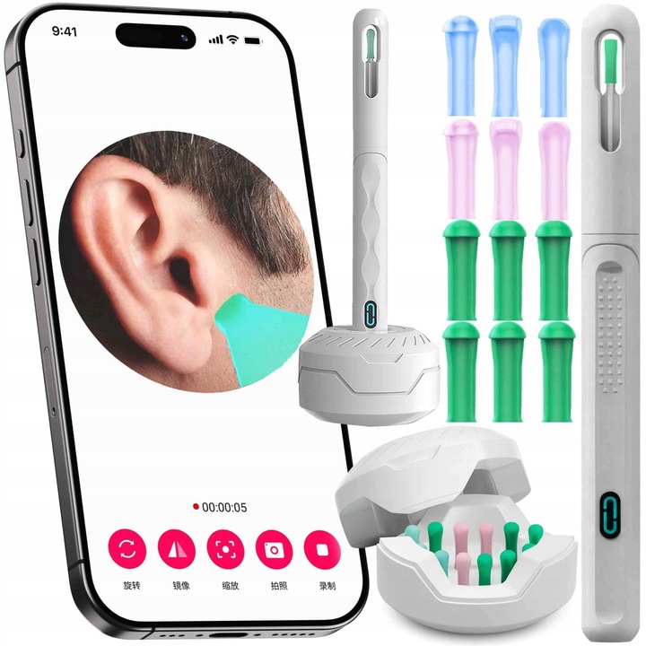 Dispozitiv curatare urechi, Otoscop, NewEvo®, Camera FullHD, 1080P, 6 lumini LED, Incarcare USB-C, Conectivitate iOS si Android, Alb